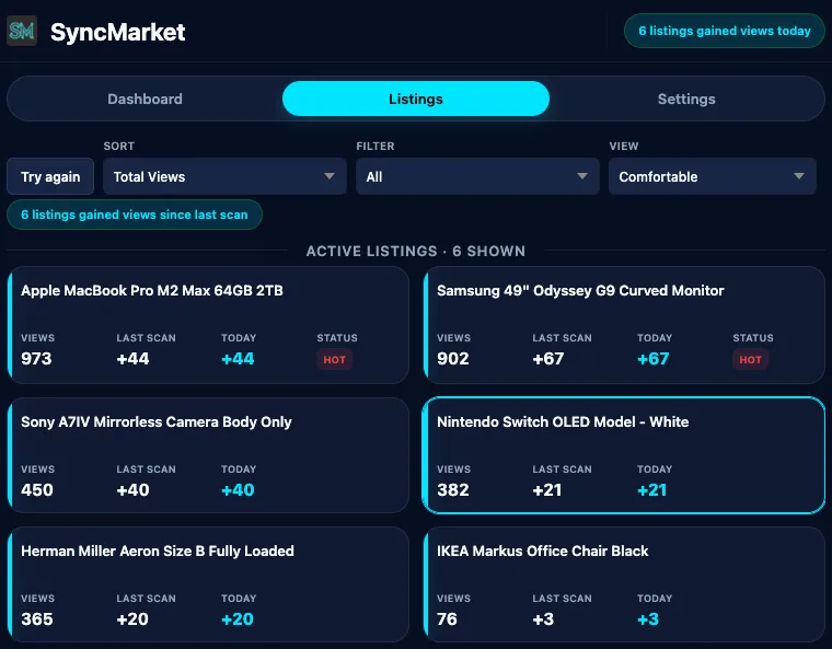All 6 active listings synced and displayed instantly